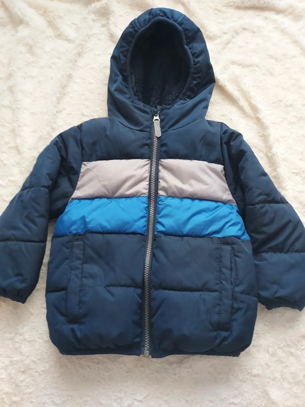 Kids 2T Toddler Cozy Hooded Navy Colorblock Puffer Jacket Cold Cool Weather Snow